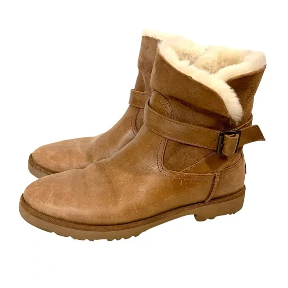 UGG Romely Brown Leather Shearling Lined Ankle Boots - Picture 2 of 9